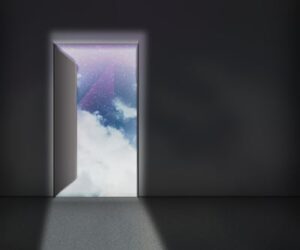 door opening into cloudy sky